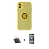 MARSİLYAN™- iPhone 11 Kılıf Yörünge Çizgi - Siyah 34D Hayalet Izgaralı Cam + Kamera Lens Koruma Cam - SF