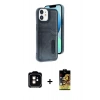 MARSİLYAN™- iPhone 11 Kılıf Yörünge Işık Serisi - Siyah Buffer Cam Ekran Koruyucu + Turuncu PVD Metal Kamera Lens
