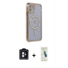 MARSİLYAN™- iPhone 11 Kılıf Zirve Doku Prime - Şeffaf Pasifik Cam Ekran Koruyucu + PVD Metal Kamera Lens - MI