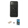 MARSİLYAN™- iPhone 11 Pro Kılıf Ahenk Klasik - Siyah 34D Izgaralı Cam + Renkli Kamera Lens Koruma Cam - YL
