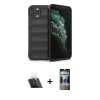 MARSİLYAN™- iPhone 11 Pro Kılıf Atlas Koleksiyonu - Siyah 34D Hayalet Izgaralı Cam + Kamera Lens Koruma Cam - SF