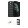 MARSİLYAN™- iPhone 11 Pro Kılıf Atlas Koleksiyonu - Siyah 34D Hayalet Izgaralı Cam + Renkli Kamera Lens Koruma Cam - MI