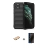 MARSİLYAN™- iPhone 11 Pro Kılıf Atlas Koleksiyonu - Siyah 3D Antistatik Hayalet Cam Ekran Koruyucu + Renkli Kamera Lens Koruma Cam - PE