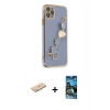 MARSİLYAN™- iPhone 11 Pro Kılıf Nova Işık Prime - Siyah 34D Izgaralı Cam + Mavi Renkli Kamera Lens Koruma Cam