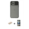 MARSİLYAN™- iPhone 11 Pro Kılıf Vadi Çizgi - Siyah 34D Hayalet Izgaralı Cam + Renkli Kamera Lens Koruma Cam - PE