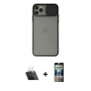 MARSİLYAN™- iPhone 11 Pro Kılıf Vadi Çizgi - Siyah 34D Hayalet Izgaralı Cam + Kamera Lens Koruma Cam - SF