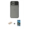 MARSİLYAN™- iPhone 11 Pro Kılıf Vadi Çizgi - Siyah 34D Izgaralı Cam + Renkli Kamera Lens Koruma Cam - PE