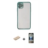 MARSİLYAN™- iPhone 11 Pro Kılıf Vadi Minimal - Siyah 34D Hayalet Izgaralı Cam + Pembe Renkli Kamera Lens Koruma Cam