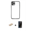 MARSİLYAN™- iPhone 11 Pro Kılıf Vadi Minimal - Siyah 3D Antistatik Hayalet Cam Ekran Koruyucu + Renkli Kamera Lens Koruma Cam - SI