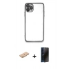 MARSİLYAN™- iPhone 11 Pro Kılıf Vadi Minimal - Siyah 3D Antistatik Hayalet Cam Ekran Koruyucu + Renkli Kamera Lens Koruma Cam - TU
