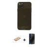 MARSİLYAN™- iPhone 11 Pro Max Kılıf Ahenk Doku - Siyah 3D Antistatik Hayalet Cam Ekran Koruyucu + Renkli Kamera Lens Koruma Cam - TU