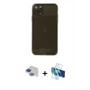 MARSİLYAN™- iPhone 11 Pro Max Kılıf Ahenk Doku - Siyah 3D Antistatik Seramik Nano Ekran Koruyucu + Lacivert Pers Alüminyum Kamera Lens