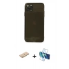 MARSİLYAN™- iPhone 11 Pro Max Kılıf Ahenk Doku - Siyah 3D Antistatik Seramik Nano Ekran Koruyucu + Renkli Kamera Lens Koruma Cam - SI