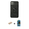 MARSİLYAN™- iPhone 11 Pro Max Kılıf Ahenk Klasik - Siyah 18D Cam Ekran Koruyucu + Renkli Kamera Lens Koruma Cam - PE