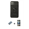 MARSİLYAN™- iPhone 11 Pro Max Kılıf Ahenk Klasik - Siyah 34D Hayalet Izgaralı Cam + Metal Kamera Lens Koruma Cam - GD