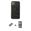 MARSİLYAN™- iPhone 11 Pro Max Kılıf Ahenk Klasik - Siyah 34D Hayalet Izgaralı Cam + Gümüş Metal Kamera Lens Koruma Cam