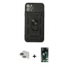 MARSİLYAN™- iPhone 11 Pro Max Kılıf Ahenk Klasik - Siyah 360 Mat Full Body Arka Koruyucu + Yeşil Pers Alüminyum Kamera Lens