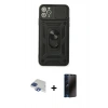 MARSİLYAN™- iPhone 11 Pro Max Kılıf Ahenk Klasik - Siyah 3D Antistatik Hayalet Cam Ekran Koruyucu + Lacivert Pers Alüminyum Kamera Lens