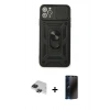 MARSİLYAN™- iPhone 11 Pro Max Kılıf Ahenk Klasik - Siyah 3D Antistatik Hayalet Cam Ekran Koruyucu + Siyah Pers Alüminyum Kamera Lens