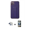 MARSİLYAN™- iPhone 11 Pro Max Kılıf Akış Doku - Siyah 34D Hayalet Izgaralı Cam + Lacivert Pers Alüminyum Kamera Lens