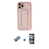 MARSİLYAN™- iPhone 11 Pro Max Kılıf Akış Doku - Siyah 34D Hayalet Izgaralı Cam + Pembe Shine Kamera Lens Koruma Cam