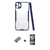 MARSİLYAN™- iPhone 11 Pro Max Kılıf Atlas Asil Serisi - Siyah 34D Hayalet Izgaralı Cam + Sierra Blue Shine Kamera Lens Koruma Cam