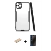 MARSİLYAN™- iPhone 11 Pro Max Kılıf Atlas Asil Serisi - Siyah 3D Antistatik Hayalet Cam Ekran Koruyucu + Renkli Kamera Lens Koruma Cam - YL