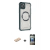 MARSİLYAN™- iPhone 11 Pro Max Kılıf Kutup Modern - Siyah 34D Hayalet Izgaralı Cam + Mavi Renkli Kamera Lens Koruma Cam
