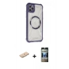 MARSİLYAN™- iPhone 11 Pro Max Kılıf Kutup Modern - Siyah 34D Hayalet Izgaralı Cam + Mavi Renkli Kamera Lens Koruma Cam