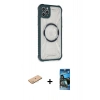 MARSİLYAN™- iPhone 11 Pro Max Kılıf Kutup Modern - Siyah 34D Izgaralı Cam + Pembe Renkli Kamera Lens Koruma Cam