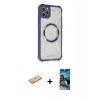 MARSİLYAN™- iPhone 11 Pro Max Kılıf Kutup Modern - Siyah 34D Izgaralı Cam + Pembe Renkli Kamera Lens Koruma Cam