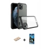 MARSİLYAN™- iPhone 11 Pro Max Kılıf Nova Asil Özel Seri - Siyah 34D Izgaralı Cam + Mavi Renkli Kamera Lens Koruma Cam