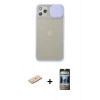 MARSİLYAN™- iPhone 11 Pro Max Kılıf Vadi Çizgi - Siyah 34D Hayalet Izgaralı Cam + Mavi Renkli Kamera Lens Koruma Cam