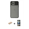 MARSİLYAN™- iPhone 11 Pro Max Kılıf Vadi Çizgi - Siyah 34D Hayalet Izgaralı Cam + Pembe Renkli Kamera Lens Koruma Cam