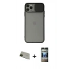 MARSİLYAN™- iPhone 11 Pro Max Kılıf Vadi Çizgi - Siyah 34D Hayalet Izgaralı Cam + Rainbow Kamera Lens Koruma Cam - YL