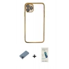 MARSİLYAN™- iPhone 11 Pro Max Kılıf Vadi Minimal - Şeffaf Pasifik Cam Ekran Koruyucu + Mavi Metal Kamera Lens Koruma Cam