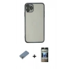 MARSİLYAN™- iPhone 11 Pro Max Kılıf Vadi Minimal - Siyah 34D Hayalet Izgaralı Cam + Gümüş Metal Kamera Lens Koruma Cam