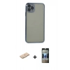 MARSİLYAN™- iPhone 11 Pro Max Kılıf Vadi Minimal - Siyah 34D Hayalet Izgaralı Cam + Mavi Renkli Kamera Lens Koruma Cam