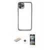 MARSİLYAN™- iPhone 11 Pro Max Kılıf Vadi Minimal - Siyah 34D Hayalet Izgaralı Cam + Mavi Renkli Kamera Lens Koruma Cam