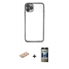 MARSİLYAN™- iPhone 11 Pro Max Kılıf Vadi Minimal - Siyah 34D Hayalet Izgaralı Cam + Renkli Kamera Lens Koruma Cam - PE