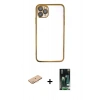 MARSİLYAN™- iPhone 11 Pro Max Kılıf Vadi Minimal - Siyah 360 Mat Full Body Arka Koruyucu + Turuncu Renkli Kamera Lens Koruma Cam