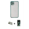 MARSİLYAN™- iPhone 11 Pro Max Kılıf Vadi Minimal - Siyah 360 Mat Full Body Arka Koruyucu + Yeşil Rainbow Kamera Lens Koruma Cam