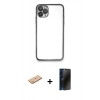 MARSİLYAN™- iPhone 11 Pro Max Kılıf Vadi Minimal - Siyah 3D Antistatik Hayalet Cam Ekran Koruyucu + Renkli Kamera Lens Koruma Cam - PE
