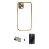 MARSİLYAN™- iPhone 11 Pro Max Kılıf Vadi Minimal - Siyah 3D Antistatik Hayalet Cam Ekran Koruyucu + Yeşil Rainbow Kamera Lens Koruma Cam