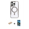 MARSİLYAN™- iPhone 11 Pro Max Kılıf Yadigar Klasik Özel Seri - Siyah 34D Izgaralı Cam + Pembe Renkli Kamera Lens Koruma Cam