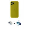 MARSİLYAN™- iPhone 11 Pro Max Kılıf Yadigar Yansıma Serisi - Siyah 3D Antistatik Cam Ekran Koruyucu + Lacivert Pers Alüminyum Kamera Lens
