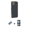 MARSİLYAN™- iPhone 11 Pro Max Kılıf Yankı Serisi - Siyah 34D Hayalet Izgaralı Cam + Metal Kamera Lens Koruma Cam - GS
