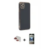 MARSİLYAN™- iPhone 11 Pro Max Kılıf Yankı Serisi - Siyah 34D Hayalet Izgaralı Cam + Pers Alüminyum Kamera Lens - KI