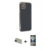 MARSİLYAN™- iPhone 11 Pro Max Kılıf Yankı Serisi - Siyah 34D Hayalet Izgaralı Cam + Rainbow Kamera Lens Koruma Cam - YL