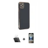 MARSİLYAN™- iPhone 11 Pro Max Kılıf Yankı Serisi - Siyah 34D Hayalet Izgaralı Cam + Kamera Lens Koruma Cam - SF